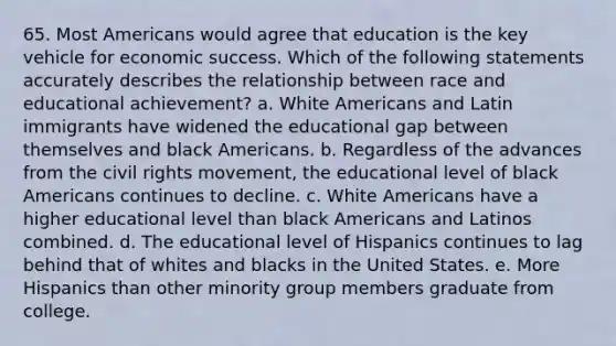 65. Most Americans would agree that education is the key vehicle for economic success. Which of the following statements accurately describes the relationship between race and educational achievement? a. White Americans and Latin immigrants have widened the educational gap between themselves and black Americans. b. Regardless of the advances from the civil rights movement, the educational level of black Americans continues to decline. c. White Americans have a higher educational level than black Americans and Latinos combined. d. The educational level of Hispanics continues to lag behind that of whites and blacks in the United States. e. More Hispanics than other minority group members graduate from college.