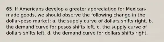 65. If Americans develop a greater appreciation for Mexican-made goods, we should observe the following change in the dollar-peso market: a. the supply curve of dollars shifts right. b. the demand curve for pesos shifts left. c. the supply curve of dollars shifts left. d. the demand curve for dollars shifts right.