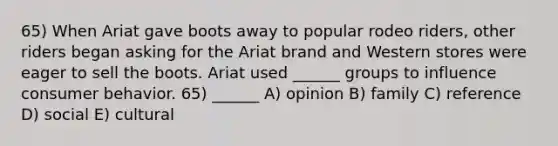 65) When Ariat gave boots away to popular rodeo riders, other riders began asking for the Ariat brand and Western stores were eager to sell the boots. Ariat used ______ groups to influence consumer behavior. 65) ______ A) opinion B) family C) reference D) social E) cultural