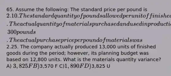 65. Assume the following: The standard price per pound is 2.10. The standard quantity of pounds allowed per unit of finished goods is 4 pounds. The actual quantity of materials purchased and used in production is 50,300 pounds. The actual purchase price per pound of materials was2.25. The company actually produced 13,000 units of finished goods during the period; however, its planning budget was based on 12,800 units. What is the materials quantity variance? A) 3,825 F B)3,570 F C)1,890 F D)3,825 U