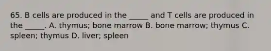 65. B cells are produced in the _____ and T cells are produced in the _____. A. thymus; bone marrow B. bone marrow; thymus C. spleen; thymus D. liver; spleen