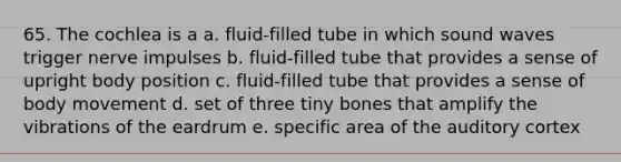 65. The cochlea is a a. fluid-filled tube in which sound waves trigger nerve impulses b. fluid-filled tube that provides a sense of upright body position c. fluid-filled tube that provides a sense of body movement d. set of three tiny bones that amplify the vibrations of the eardrum e. specific area of the auditory cortex