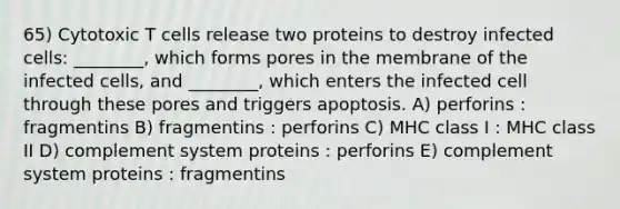 65) Cytotoxic T cells release two proteins to destroy infected cells: ________, which forms pores in the membrane of the infected cells, and ________, which enters the infected cell through these pores and triggers apoptosis. A) perforins : fragmentins B) fragmentins : perforins C) MHC class I : MHC class II D) complement system proteins : perforins E) complement system proteins : fragmentins