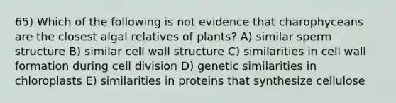 65) Which of the following is not evidence that charophyceans are the closest algal relatives of plants? A) similar sperm structure B) similar cell wall structure C) similarities in cell wall formation during cell division D) genetic similarities in chloroplasts E) similarities in proteins that synthesize cellulose