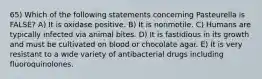 65) Which of the following statements concerning Pasteurella is FALSE? A) It is oxidase positive. B) It is nonmotile. C) Humans are typically infected via animal bites. D) It is fastidious in its growth and must be cultivated on blood or chocolate agar. E) It is very resistant to a wide variety of antibacterial drugs including fluoroquinolones.