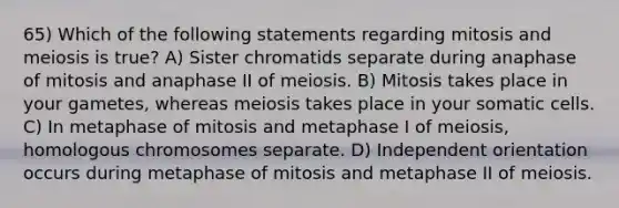 65) Which of the following statements regarding mitosis and meiosis is true? A) Sister chromatids separate during anaphase of mitosis and anaphase II of meiosis. B) Mitosis takes place in your gametes, whereas meiosis takes place in your somatic cells. C) In metaphase of mitosis and metaphase I of meiosis, homologous chromosomes separate. D) Independent orientation occurs during metaphase of mitosis and metaphase II of meiosis.