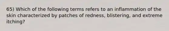 65) Which of the following terms refers to an inflammation of the skin characterized by patches of redness, blistering, and extreme itching?