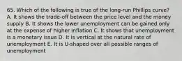 65. Which of the following is true of the long-run Phillips curve? A. It shows the trade-off between the price level and the money supply B. It shows the lower unemployment can be gained only at the expense of higher inflation C. It shows that unemployment is a monetary issue D. It is vertical at the natural rate of unemployment E. It is U-shaped over all possible ranges of unemployment