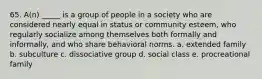 65. A(n) _____ is a group of people in a society who are considered nearly equal in status or community esteem, who regularly socialize among themselves both formally and informally, and who share behavioral norms. a. extended family b. subculture c. dissociative group d. social class e. procreational family