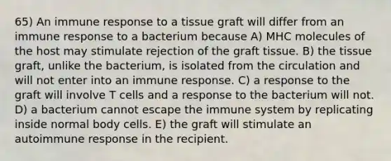 65) An immune response to a tissue graft will differ from an immune response to a bacterium because A) MHC molecules of the host may stimulate rejection of the graft tissue. B) the tissue graft, unlike the bacterium, is isolated from the circulation and will not enter into an immune response. C) a response to the graft will involve T cells and a response to the bacterium will not. D) a bacterium cannot escape the immune system by replicating inside normal body cells. E) the graft will stimulate an autoimmune response in the recipient.