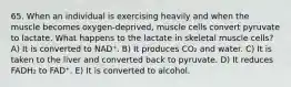 65. When an individual is exercising heavily and when the muscle becomes oxygen-deprived, muscle cells convert pyruvate to lactate. What happens to the lactate in skeletal muscle cells? A) It is converted to NAD⁺. B) It produces CO₂ and water. C) It is taken to the liver and converted back to pyruvate. D) It reduces FADH₂ to FAD⁺. E) It is converted to alcohol.