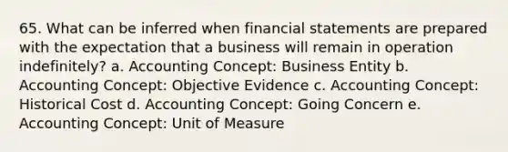 65. What can be inferred when financial statements are prepared with the expectation that a business will remain in operation indefinitely? a. Accounting Concept: Business Entity b. Accounting Concept: Objective Evidence c. Accounting Concept: Historical Cost d. Accounting Concept: Going Concern e. Accounting Concept: Unit of Measure