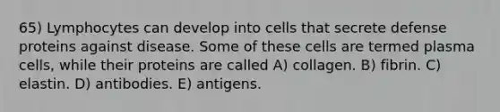 65) Lymphocytes can develop into cells that secrete defense proteins against disease. Some of these cells are termed plasma cells, while their proteins are called A) collagen. B) fibrin. C) elastin. D) antibodies. E) antigens.