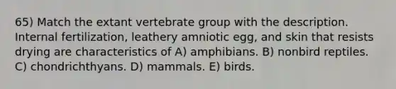 65) Match the extant vertebrate group with the description. Internal fertilization, leathery amniotic egg, and skin that resists drying are characteristics of A) amphibians. B) nonbird reptiles. C) chondrichthyans. D) mammals. E) birds.