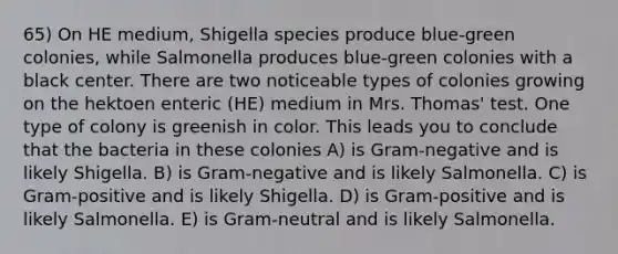 65) On HE medium, Shigella species produce blue-green colonies, while Salmonella produces blue-green colonies with a black center. There are two noticeable types of colonies growing on the hektoen enteric (HE) medium in Mrs. Thomas' test. One type of colony is greenish in color. This leads you to conclude that the bacteria in these colonies A) is Gram-negative and is likely Shigella. B) is Gram-negative and is likely Salmonella. C) is Gram-positive and is likely Shigella. D) is Gram-positive and is likely Salmonella. E) is Gram-neutral and is likely Salmonella.