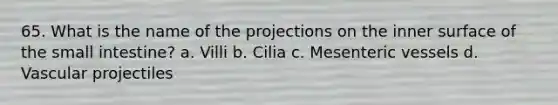 65. What is the name of the projections on the inner surface of the small intestine? a. Villi b. Cilia c. Mesenteric vessels d. Vascular projectiles