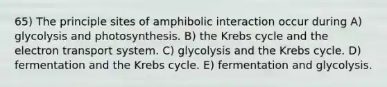 65) The principle sites of amphibolic interaction occur during A) glycolysis and photosynthesis. B) the Krebs cycle and the electron transport system. C) glycolysis and the Krebs cycle. D) fermentation and the Krebs cycle. E) fermentation and glycolysis.