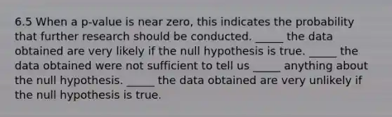 6.5 When a p-value is near zero, this indicates the probability that further research should be conducted. _____ the data obtained are very likely if the null hypothesis is true. _____ the data obtained were not sufficient to tell us _____ anything about the null hypothesis. _____ the data obtained are very unlikely if the null hypothesis is true.