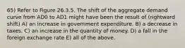 65) Refer to Figure 26.3.5. The shift of the aggregate demand curve from AD0 to AD1 might have been the result of (rightward shift) A) an increase in government expenditure. B) a decrease in taxes. C) an increase in the quantity of money. D) a fall in the foreign exchange rate E) all of the above.