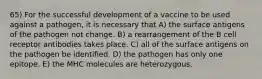 65) For the successful development of a vaccine to be used against a pathogen, it is necessary that A) the surface antigens of the pathogen not change. B) a rearrangement of the B cell receptor antibodies takes place. C) all of the surface antigens on the pathogen be identified. D) the pathogen has only one epitope. E) the MHC molecules are heterozygous.