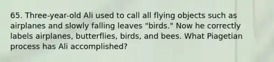 65. Three-year-old Ali used to call all flying objects such as airplanes and slowly falling leaves "birds." Now he correctly labels airplanes, butterflies, birds, and bees. What Piagetian process has Ali accomplished?