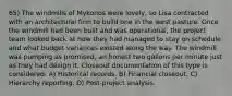 65) The windmills of Mykonos were lovely, so Lisa contracted with an architectural firm to build one in the west pasture. Once the windmill had been built and was operational, the project team looked back at how they had managed to stay on schedule and what budget variances existed along the way. The windmill was pumping as promised, an honest two gallons per minute just as they had design it. Closeout documentation of this type is considered: A) Historical records. B) Financial closeout. C) Hierarchy reporting. D) Post-project analysis.