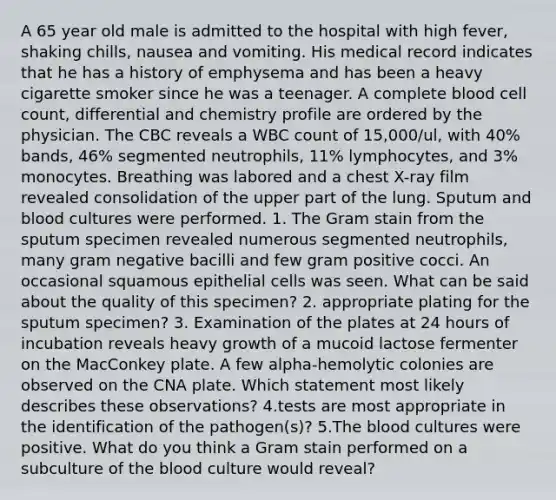 A 65 year old male is admitted to the hospital with high fever, shaking chills, nausea and vomiting. His medical record indicates that he has a history of emphysema and has been a heavy cigarette smoker since he was a teenager. A complete blood cell count, differential and chemistry profile are ordered by the physician. The CBC reveals a WBC count of 15,000/ul, with 40% bands, 46% segmented neutrophils, 11% lymphocytes, and 3% monocytes. Breathing was labored and a chest X-ray film revealed consolidation of the upper part of the lung. Sputum and blood cultures were performed. 1. The Gram stain from the sputum specimen revealed numerous segmented neutrophils, many gram negative bacilli and few gram positive cocci. An occasional squamous epithelial cells was seen. What can be said about the quality of this specimen? 2. appropriate plating for the sputum specimen? 3. Examination of the plates at 24 hours of incubation reveals heavy growth of a mucoid lactose fermenter on the MacConkey plate. A few alpha-hemolytic colonies are observed on the CNA plate. Which statement most likely describes these observations? 4.tests are most appropriate in the identification of the pathogen(s)? 5.<a href='https://www.questionai.com/knowledge/k7oXMfj7lk-the-blood' class='anchor-knowledge'>the blood</a> cultures were positive. What do you think a Gram stain performed on a subculture of the blood culture would reveal?