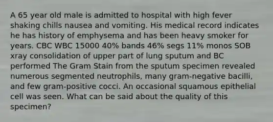 A 65 year old male is admitted to hospital with high fever shaking chills nausea and vomiting. His medical record indicates he has history of emphysema and has been heavy smoker for years. CBC WBC 15000 40% bands 46% segs 11% monos SOB xray consolidation of upper part of lung sputum and BC performed The Gram Stain from the sputum specimen revealed numerous segmented neutrophils, many gram-negative bacilli, and few gram-positive cocci. An occasional squamous epithelial cell was seen. What can be said about the quality of this specimen?