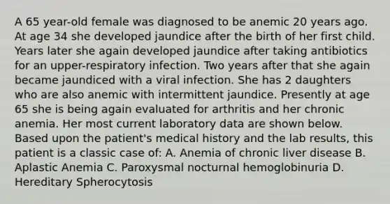 A 65 year-old female was diagnosed to be anemic 20 years ago. At age 34 she developed jaundice after the birth of her first child. Years later she again developed jaundice after taking antibiotics for an upper-respiratory infection. Two years after that she again became jaundiced with a viral infection. She has 2 daughters who are also anemic with intermittent jaundice. Presently at age 65 she is being again evaluated for arthritis and her chronic anemia. Her most current laboratory data are shown below. Based upon the patient's medical history and the lab results, this patient is a classic case of: A. Anemia of chronic liver disease B. Aplastic Anemia C. Paroxysmal nocturnal hemoglobinuria D. Hereditary Spherocytosis