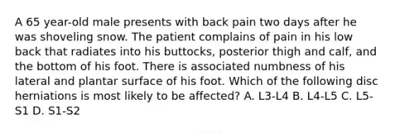 A 65 year-old male presents with back pain two days after he was shoveling snow. The patient complains of pain in his low back that radiates into his buttocks, posterior thigh and calf, and the bottom of his foot. There is associated numbness of his lateral and plantar surface of his foot. Which of the following disc herniations is most likely to be affected? A. L3-L4 B. L4-L5 C. L5-S1 D. S1-S2