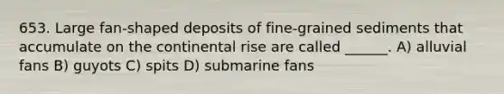 653. Large fan-shaped deposits of fine-grained sediments that accumulate on the continental rise are called ______. A) alluvial fans B) guyots C) spits D) submarine fans