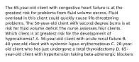 The 65-year-old client with congestive heart failure is at the greatest risk for problems from fluid volume excess. Fluid overload in this client could quickly cause life-threatening problems. The 50-year-old client with second degree burns is at risk for fluid volume deficit.The nurse assesses four clients. Which client is at greatest risk for the development of hypocalcemia? A. 56-year-old client with acute renal failure B. 40-year-old client with systemic lupus erythematosus C. 28-year-old client who has just undergone a total thyroidectomy D. 65-year-old client with hypertension taking beta-adrenergic blockers