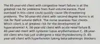 The 65-year-old client with congestive heart failure is at the greatest risk for problems from fluid volume excess. Fluid overload in this client could quickly cause life-threatening problems. The 50-year-old client with second degree burns is at risk for fluid volume deficit. The nurse assesses four clients. Which client is at greatest risk for the development of hypocalcemia? A. 56-year-old client with acute renal failure B. 40-year-old client with systemic lupus erythematosus C. 28-year-old client who has just undergone a total thyroidectomy D. 65-year-old client with hypertension taking beta-adrenergic blockers