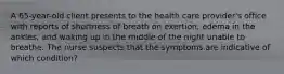 A 65-year-old client presents to the health care provider's office with reports of shortness of breath on exertion, edema in the ankles, and waking up in the middle of the night unable to breathe. The nurse suspects that the symptoms are indicative of which condition?