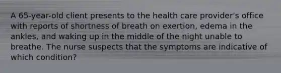 A 65-year-old client presents to the health care provider's office with reports of shortness of breath on exertion, edema in the ankles, and waking up in the middle of the night unable to breathe. The nurse suspects that the symptoms are indicative of which condition?