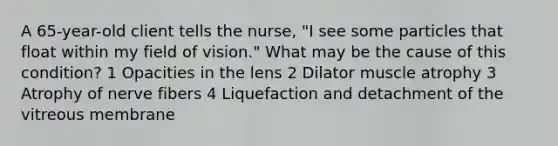 A 65-year-old client tells the nurse, "I see some particles that float within my field of vision." What may be the cause of this condition? 1 Opacities in the lens 2 Dilator muscle atrophy 3 Atrophy of nerve fibers 4 Liquefaction and detachment of the vitreous membrane