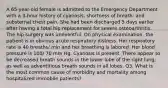 A 65-year-old female is admitted to the Emergency Department with a 3-hour history of cyanosis, shortness of breath; and substernal chest pain. She had been discharged 5 days earlier after having a total hip replacement for severe osteoarthritis. The hip surgery was uneventful. On physical examination, the patient is in obvious acute respiratory distress. Her respiratory rate is 40 breaths/ min and her breathing is labored. Her blood pressure is 100/ 70 mm Hg. Cyanosis is present. There appear to be decreased breath sounds in the lower lobe of the right lung, as well as adventitious breath sounds in all lobes. Q3. What is the most common cause of morbidity and mortality among hospitalized immobile patients?