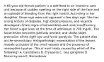 A 65-year-old female patient is a admitted to an intensive care unit because of sudden swelling on the right side of the face and an episode of bleeding from the right nostril. According to her daughter, these sign were not apparent a few days ago. She has a long history of diabetes, high blood pressure, and recently developed clinical signs of ketoacidosis and renal insufficiency. Her blood sugar level at the time of admission is 700 mg/dL. The facial lesion becomes partially necrotic and shows slight protrusion of the right eye and facial paralysis. The patient dies on the second day; Histopathologic examination of the lesions reveals occlusion of the small vessels and the presence of nonseptate hyphae. This is most likely caused by which of the following? A. Candidiasis B. Erysipelis C. Gas gangrene D. Mucormycosis E. Nocardiosis