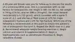 A 65-year-old female sees you for follow-up to discuss the results of a screening DEXA scan. She is a nonsmoker with no risk factors for osteoporosis. Her height is 165 cm (65 in), her weight is 79 kg (174 lb), and her BMI is 29 kg/m2. Her mean femoral neck density is 0.722 g/cm2, which correlates with a spine T-score of -2.2, and she has a FRAX score of 12% for major osteoporotic fracture and 2.4% for hip fracture. Which one of the following is recommended at this point to reduce this patient's risk of osteoporotic fracture? A. Repeat the DEXA scan in 1 year B. Recommend adequate weight-bearing exercises C. Begin calcium and vitamin D supplementation D. Begin a bisphosphonate such as alendronate (Fosamax) E. Begin raloxifene (Evista)