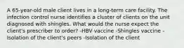 A 65-year-old male client lives in a long-term care facility. The infection control nurse identifies a cluster of clients on the unit diagnosed with shingles. What would the nurse expect the client's prescriber to order? -HBV vaccine -Shingles vaccine -Isolation of the client's peers -Isolation of the client