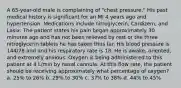 A 65-year-old male is complaining of "chest pressure." His past medical history is significant for an MI 4 years ago and hypertension. Medications include nitroglycerin, Cardizem, and Lasix. The patient states his pain began approximately 30 minutes ago and has not been relieved by rest or the three nitroglycerin tablets he has taken thus far. His blood pressure is 144/78 and and his respiratory rate is 18. He is awake, oriented, and extremely anxious. Oxygen is being administered to this patient at 4 L/min by nasal cannula. At this flow rate, the patient should be receiving approximately what percentage of oxygen? a. 25% to 26% b. 29% to 30% c. 37% to 38% d. 44% to 45%