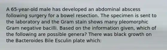 A 65-year-old male has developed an abdominal abscess following surgery for a bowel resection. The specimen is sent to the laboratory and the Gram stain shows many pleomorphic Gram negative bacilli. Based on the information given, which of the following are possible genera? There was black growth on the Bacteroides Bile Esculin plate which: