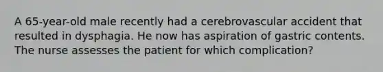 A 65-year-old male recently had a cerebrovascular accident that resulted in dysphagia. He now has aspiration of gastric contents. The nurse assesses the patient for which complication?