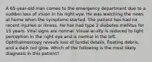 A 65-year-old man comes to the emergency department due to a sudden loss of vision in his right eye. He was watching the news at home when the symptoms started. The patient has had no recent injuries or illness. He has had type 2 diabetes mellitus for 15 years. Vital signs are normal. Visual acuity is reduced to light perception in the right eye and is normal in the left. Ophthalmoscopy reveals loss of fundal details, floating debris, and a dark red glow. Which of the following is the most likely diagnosis in this patient?