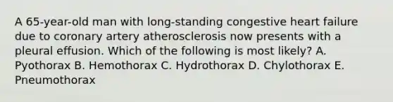 A 65-year-old man with long-standing congestive heart failure due to coronary artery atherosclerosis now presents with a pleural effusion. Which of the following is most likely? A. Pyothorax B. Hemothorax C. Hydrothorax D. Chylothorax E. Pneumothorax