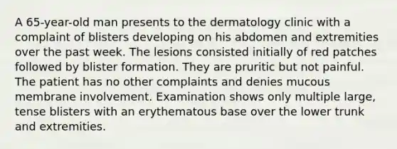 A 65-year-old man presents to the dermatology clinic with a complaint of blisters developing on his abdomen and extremities over the past week. The lesions consisted initially of red patches followed by blister formation. They are pruritic but not painful. The patient has no other complaints and denies mucous membrane involvement. Examination shows only multiple large, tense blisters with an erythematous base over the lower trunk and extremities.