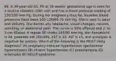 66. A 39-year-old G1, P0 at 39 weeks' gestational age is seen for a routine obstetric (OB) visit and has a blood pressure reading of 150/100 mm Hg. During her pregnancy thus far, baseline blood pressures have been 100-120/60-70 mm Hg. She is sent to labor and delivery. She denies any headache, visual changes, nausea, vomiting, or abdominal pain. The cervix is 50% effaced and 2- to 3-cm dilated. A repeat BP shows 160/90 mm Hg. Her hematocrit is 34, platelets are 160,000, AST is 22, ALT is 15, and urinalysis is negative for protein. Which of the following is the MOST likely diagnosis? (A) pregnancy-induced hypertension (gestational hypertension) (B) chronic hypertension (C) preeclampsia (D) eclampsia (E) HELLP syndrome