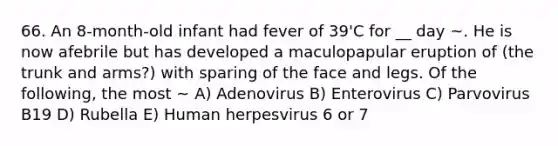 66. An 8-month-old infant had fever of 39'C for __ day ~. He is now afebrile but has developed a maculopapular eruption of (the trunk and arms?) with sparing of the face and legs. Of the following, the most ~ A) Adenovirus B) Enterovirus C) Parvovirus B19 D) Rubella E) Human herpesvirus 6 or 7