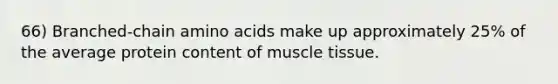 66) Branched-chain amino acids make up approximately 25% of the average protein content of muscle tissue.