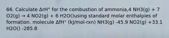 66. Calculate ΔrH° for the combustion of ammonia,4 NH3(g) + 7 O2(g) → 4 NO2(g) + 6 H2O()using standard molar enthalpies of formation. molecule ΔfH° (kJ/mol-rxn) NH3(g) -45.9 NO2(g) +33.1 H2O() -285.8